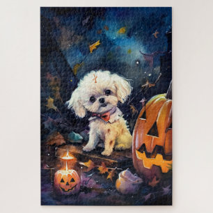 Halloween Bichon Frise With Pumpkins Scary Puzzle