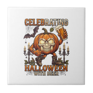Halloween-Bier-Totenkopf-Kürbis-Fledermaus-Kerze Fliese