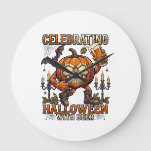 Halloween-Bier-Totenkopf-Kürbis-Fledermaus-Kerze Große Wanduhr