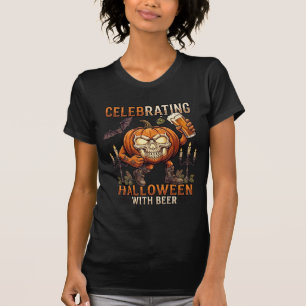Halloween-Bier-Totenkopf-Kürbis-Fledermaus-Kerze T-Shirt