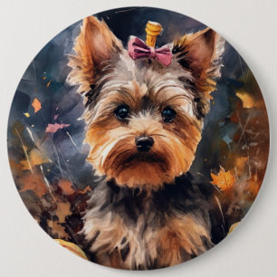 Halloween Biewer Terrier mit Pumpkins Beängstigend Button