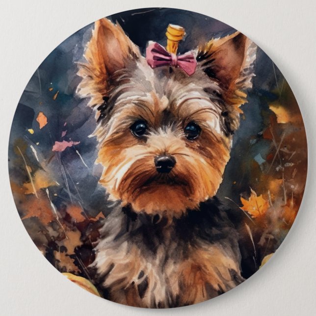 Halloween Biewer Terrier mit Pumpkins Beängstigend Button (Vorderseite)