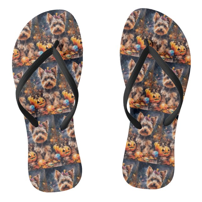 Halloween Biewer Terrier mit Pumpkins Beängstigend Flip Flops (Fußbett)