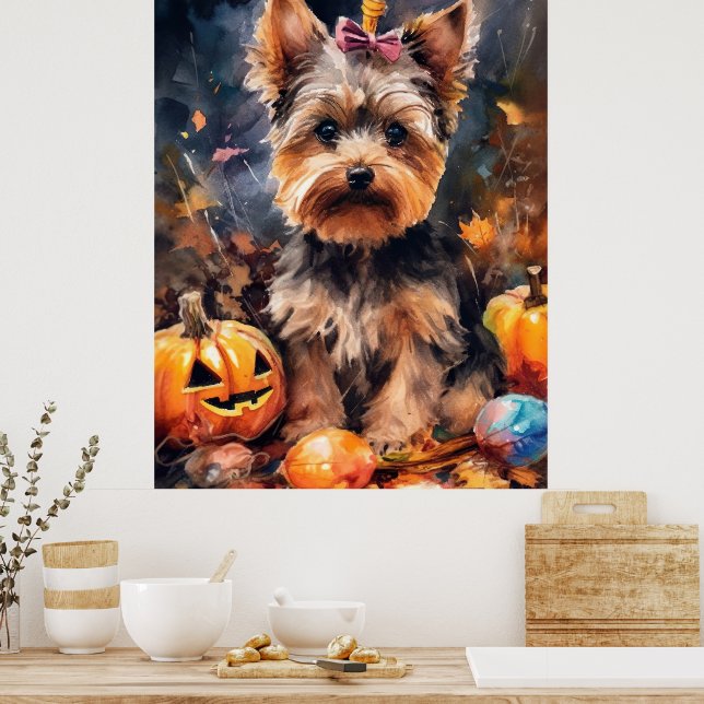 Halloween Biewer Terrier mit Pumpkins Beängstigend Poster (Küche)