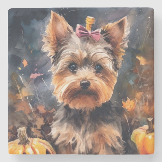 Halloween Biewer Terrier mit Pumpkins Beängstigend Steinuntersetzer (Vorderseite)