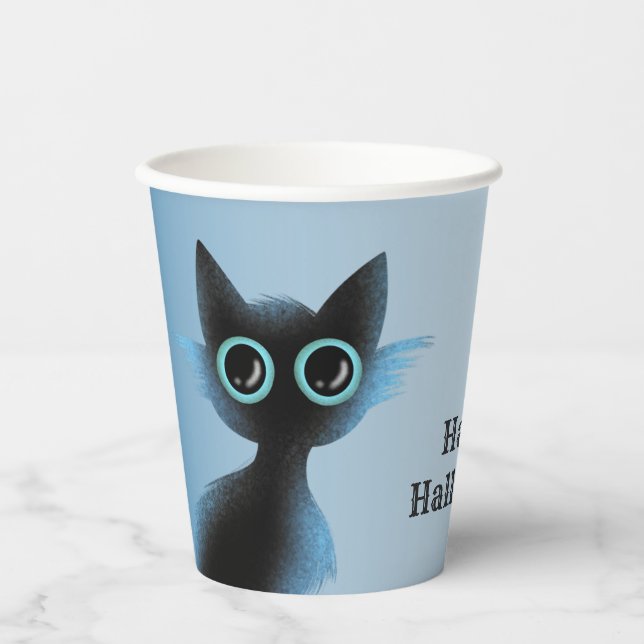 Halloween Big Eyes Black Blue Evil Cat Pappbecher (Vorderseite)