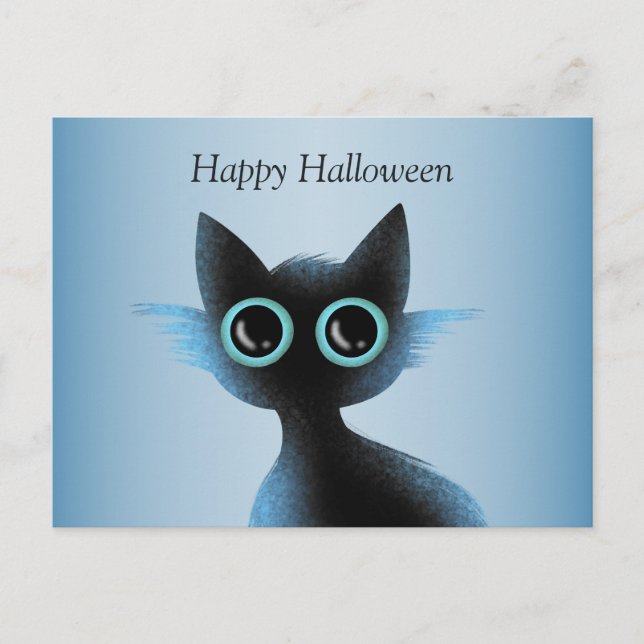 Halloween Big Eyes Black Blue Evil Cat Postkarte (Vorderseite)