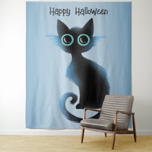 Halloween Big Eyes Black Blue Evil Cat Wandteppich