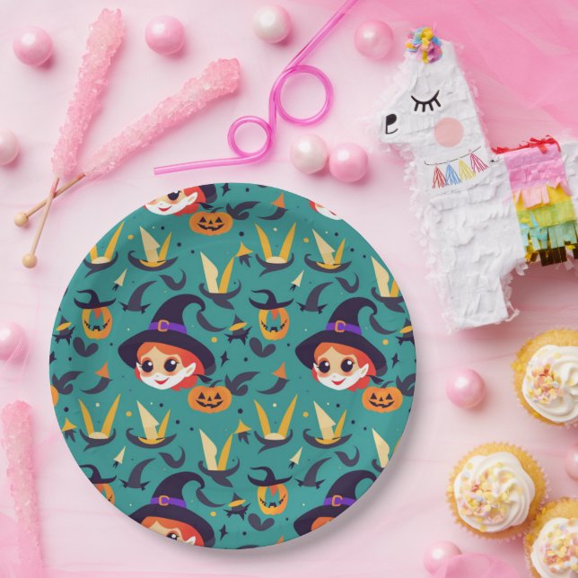 Halloween-Bild mit einem fröhlichen Hexengesicht Pappteller (Party)