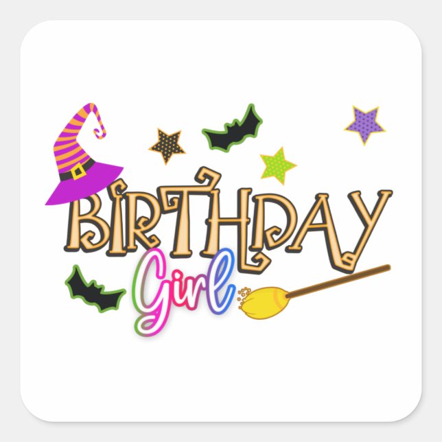 Halloween Birthday Girl Party Theme Quadratischer Aufkleber (Vorderseite)