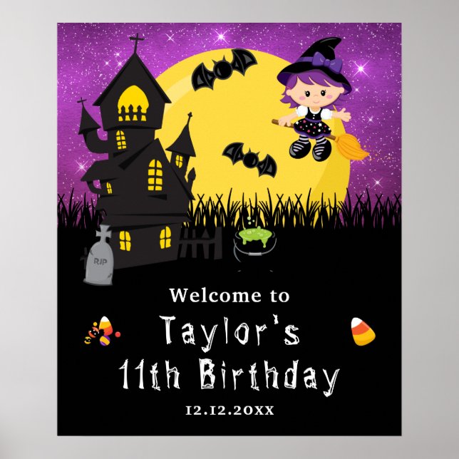 Halloween Birthday Hexe Lila Begrüßungszeichen Poster (Vorne)