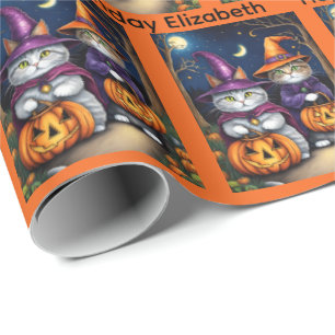 Halloween Birthday Personalize Name Cat Hexen Geschenkpapier