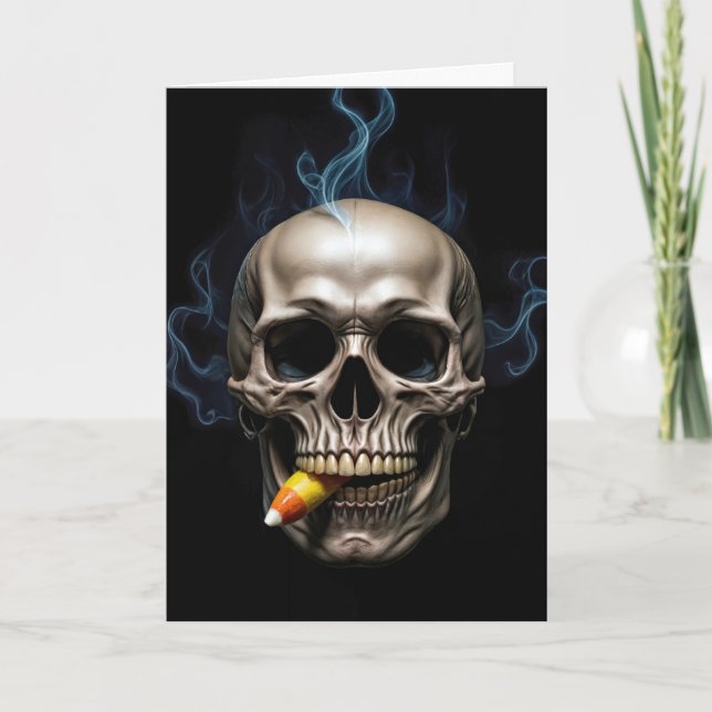 Halloween Birthday Rauchen Skull Biting Candy Mais Karte (Vorderseite)