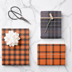 Halloween Black and Orange Checked Kariert Gingham Geschenkpapier Set