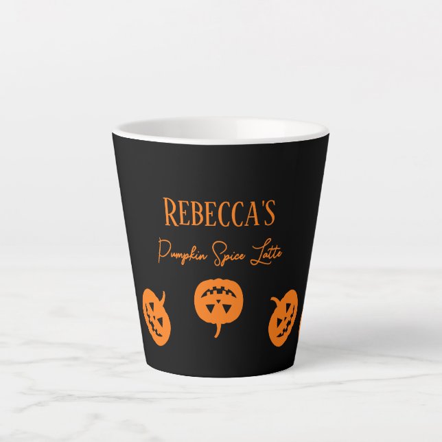 Halloween Black and Orange Pumpkin Spice Latte Tas Milchtasse (Vorderseite)