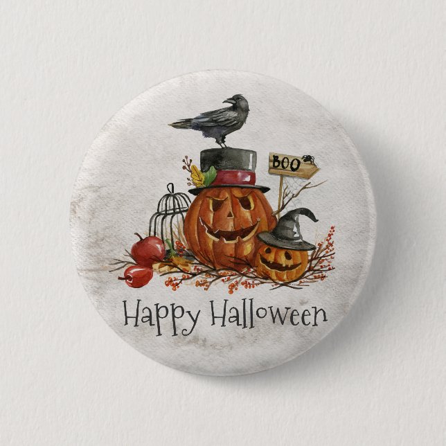Halloween Black Bird und Pumpkins | Button (Vorderseite)
