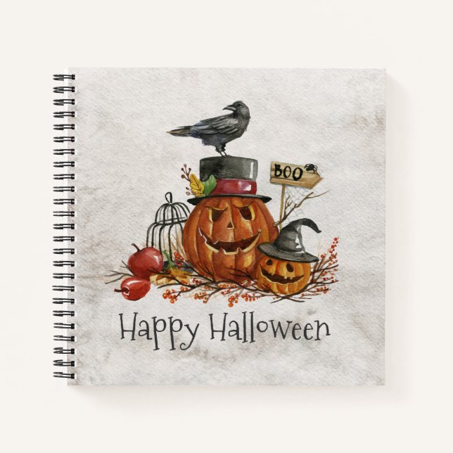 Halloween Black Bird und Pumpkins | Notizbuch (Vorderseite)