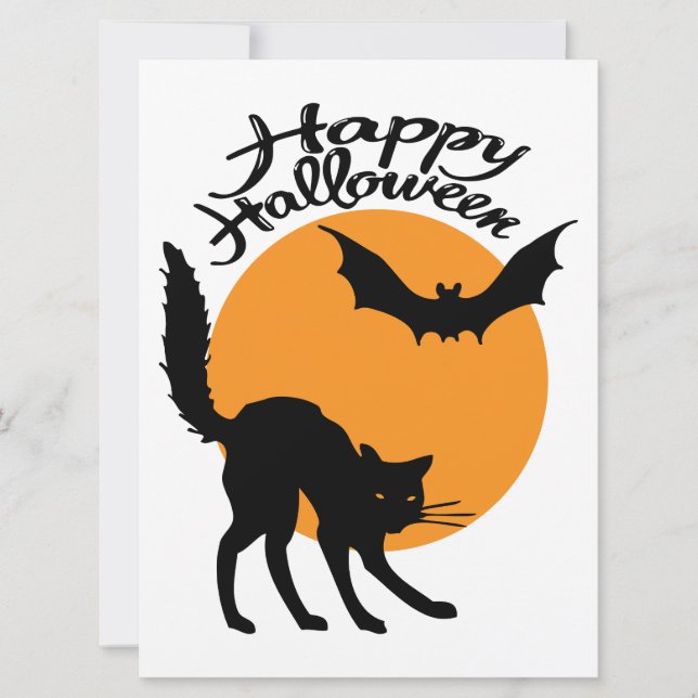 Halloween Black Cat and bat with moon, halloween Karte (Vorderseite)