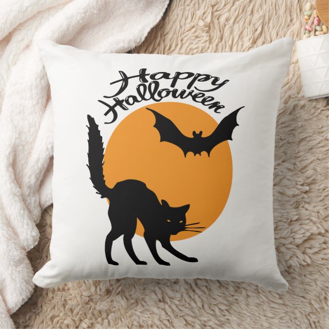 Halloween Black Cat and bat with moon, halloween Kissen (Decke)