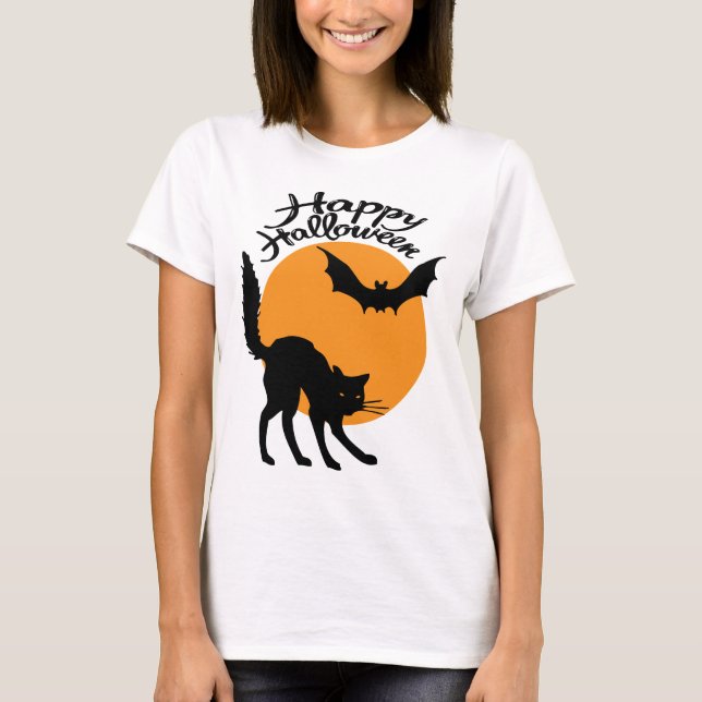 Halloween Black Cat and bat with moon, halloween T-Shirt (Vorderseite)