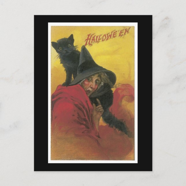 Halloween Black Cat and Hexe Postkarte (Vorderseite)