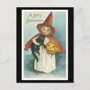 Halloween Black Cat and Hexenmädchen Postkarte