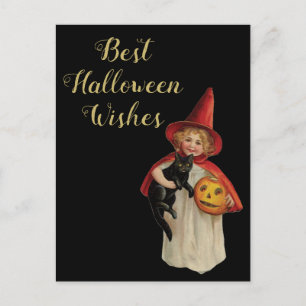Halloween Black Cat and Hexenmädchen Postkarte