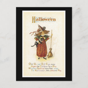 Halloween Black Cat and Hexenmädchen Postkarte