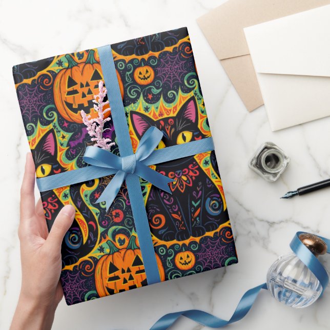 Halloween Black Cat and Pumpkin Wrapping Paper Geschenkpapier (Schenken)