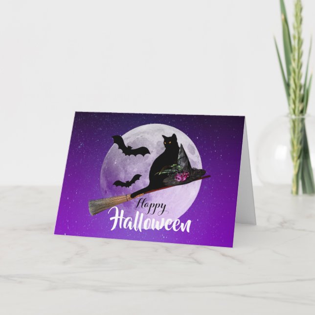 Halloween Black Cat auf Broom Full Moon Karte (Vorderseite)