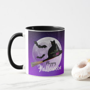 Halloween Black Cat auf Broom Full Moon Tasse