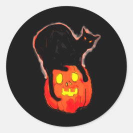 Halloween Black Cat auf glühende Orange Pumpkin Runder Aufkleber