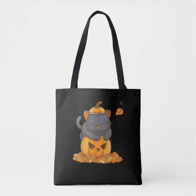 Halloween Black Cat auf Pumpkin mit Autumn Leaves (Vorderseite)