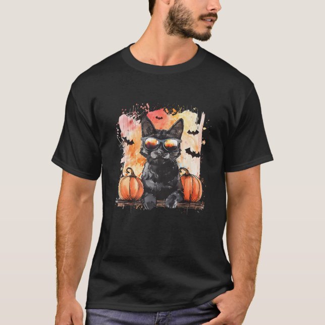 Halloween Black Cat Bats Pumpkin Trick oder behand T-Shirt (Vorderseite)