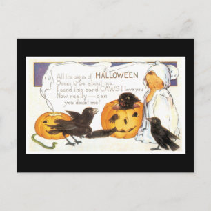 Halloween Black Cat, Child and Crow Postkarte