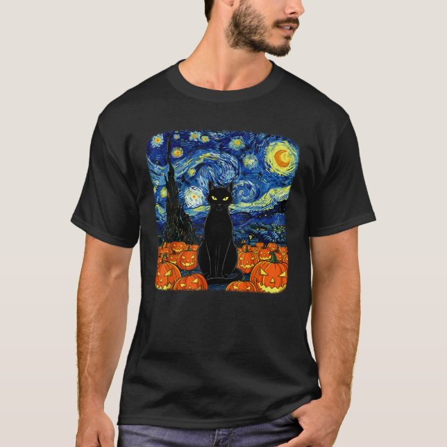 Halloween Black Cat Costume Van Gogh Starry Night  T-Shirt (Vorderseite)