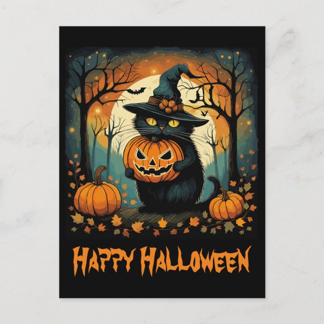 Halloween Black Cat Creepy Pumpkin Full Moon Postkarte (Vorderseite)