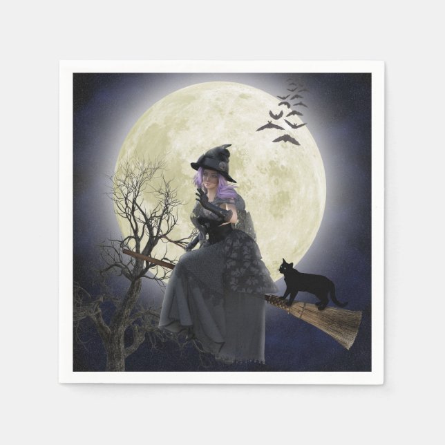 Halloween, Black Cat, Fledermäuse und Vollmond Serviette (Vorderseite)