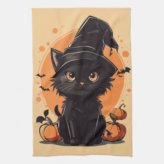 Halloween Black Cat Full Moon Geschirrtuch (Vertikal)