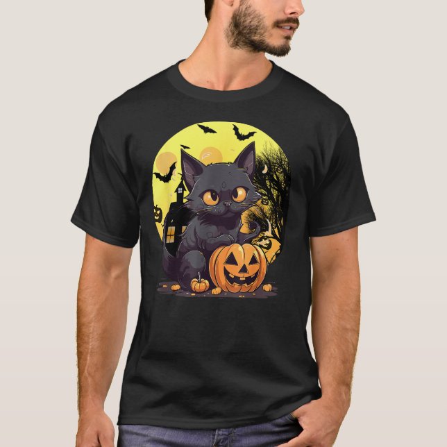 Halloween Black Cat Haunted Mansion Happy Hallowee T-Shirt (Vorderseite)