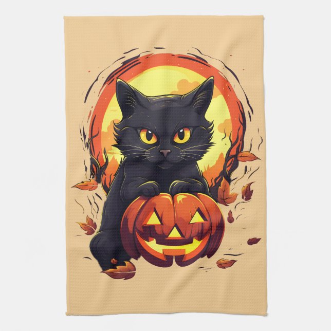 Halloween Black Cat, Herbstlaube, Geschirrtuch (Vertikal)
