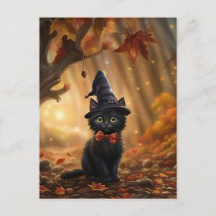 Halloween Black Cat Hexenhut Herbstlaub Niedlich Feiertagspostkarte