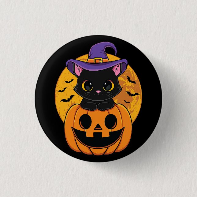 Halloween Black Cat Hexenhutenkürbis für Kinder Gi Button (Vorderseite)