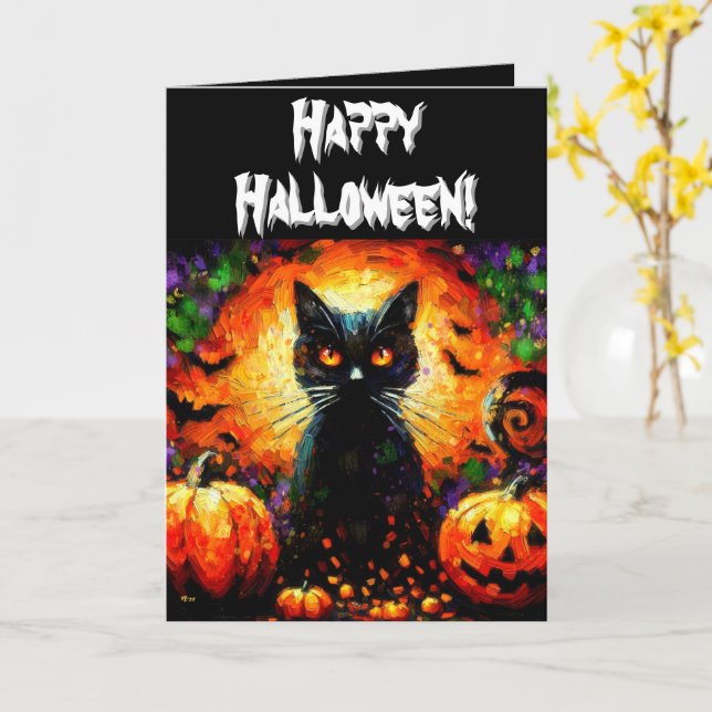 Halloween Black Cat & Jack-O-Lanterns Personalisie Karte (Gelbe Blume)