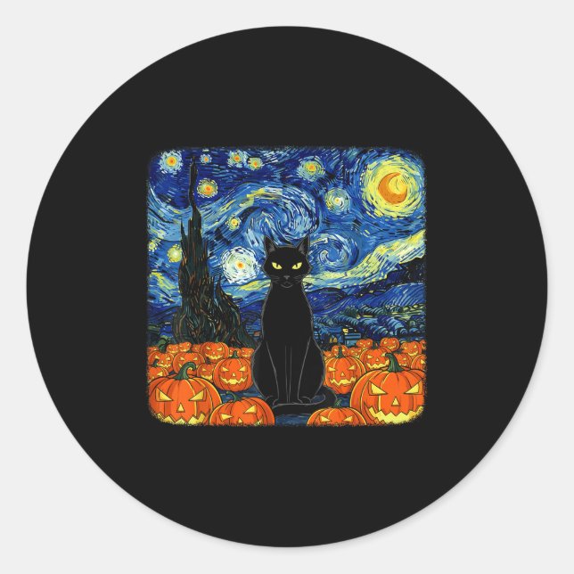 Halloween Black Cat Kostüm Van Gogh Starry Night Runder Aufkleber (Vorderseite)