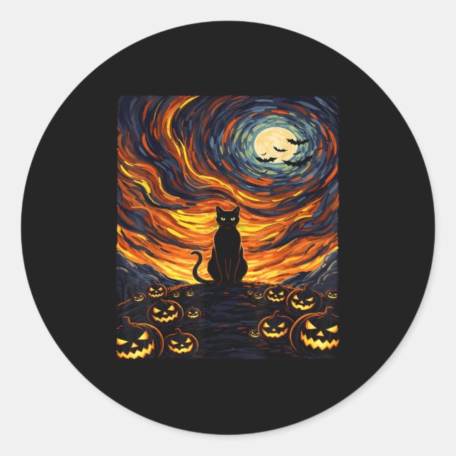 Halloween Black Cat Kostüm Van Gogh Starry Night Runder Aufkleber (Vorderseite)