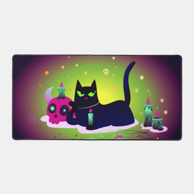 Halloween Black Cat mit Kerze und Skulptur Schreibtischunterlage (Vorderseite)
