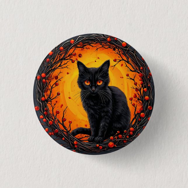 Halloween Black Cat mit leuchtenden Augen Button (Vorderseite)