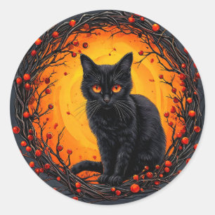 Halloween Black Cat mit leuchtenden Augen Runder Aufkleber