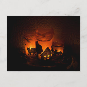 Halloween Black Cat mit Leuchtmitteln und Fledermä Postkarte